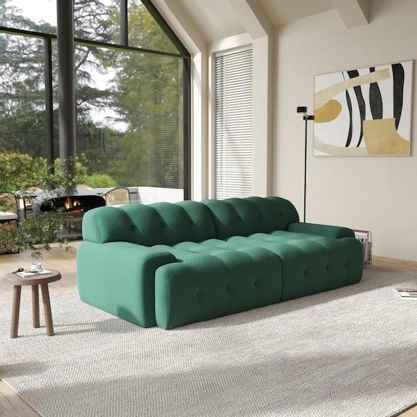 J&E Home 86.6 in Wide Square Arm Knit Fabric Rectangle Waffle Sofa in. Green