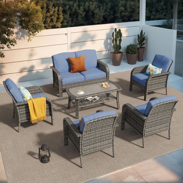 weaxty W Hyacinth Haven Gray 6-Piece Wicker Patio Outdoor Conversation Seating Set with a Coffee Table and Denim Blue Cushions