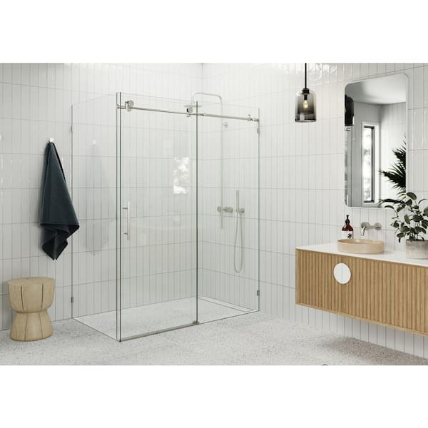 Glass Warehouse Nova 64 in. W x 78 in. H Rectangular Sliding Frameless Corner Shower Enclosure in Nickel with Clear Glass