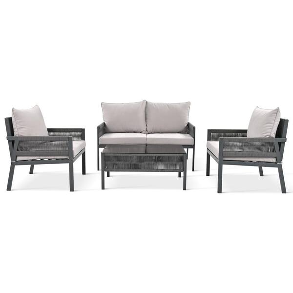 Sudzendf Gray 4-Piece Metal Patio Conversation Set with Light Brown Cushions and Tempered Glass Table