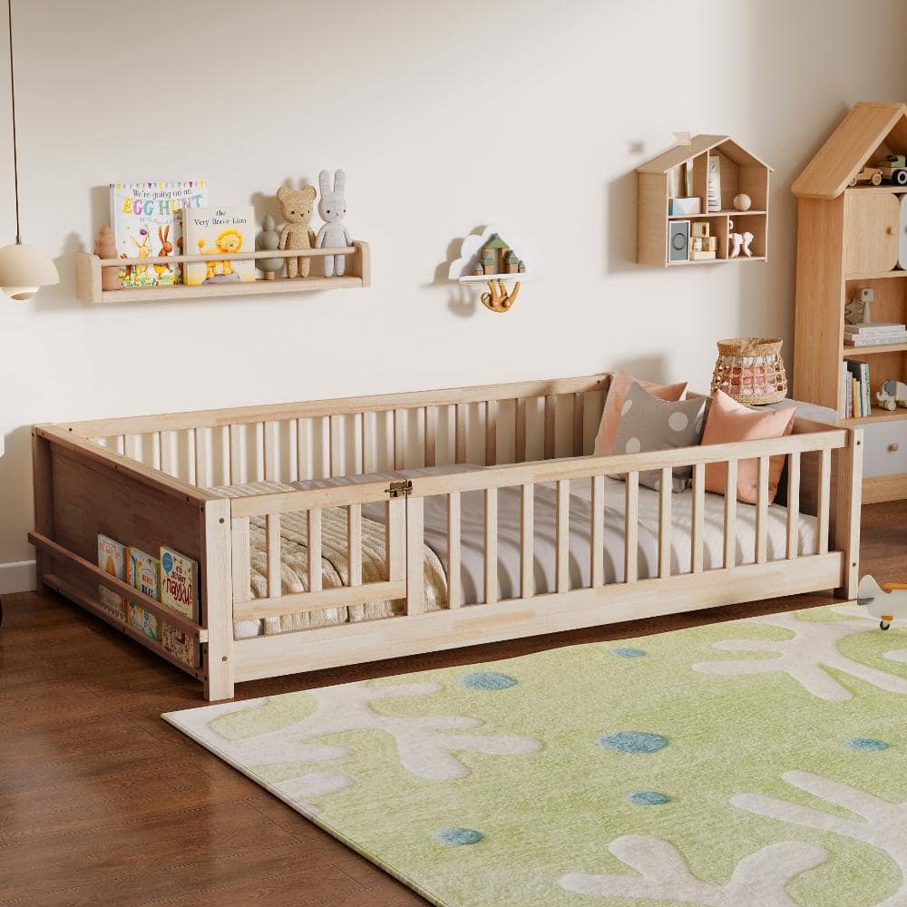 Natural Full Size Rubber Wood Floor Platform Bed with Guardrails, Door and Built-in Book Rack