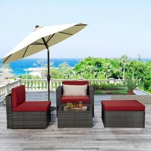 4-Piece Gray Wicker Patio Conversation Set with Red Cushions
