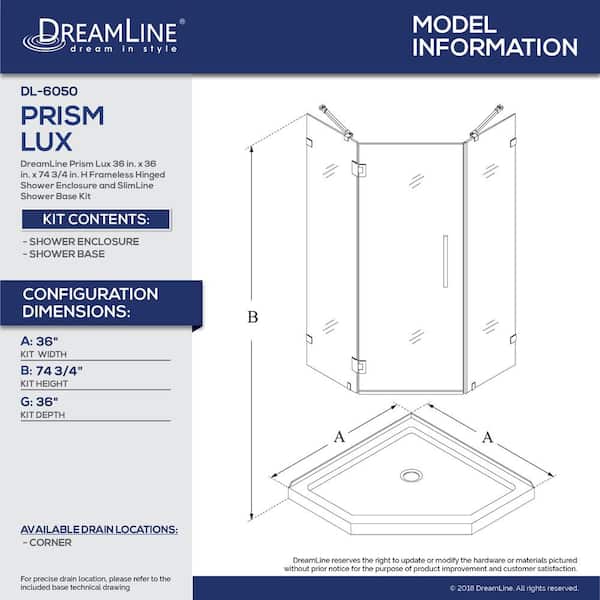 Dreamline Prism Lux 36 In X 36 In X 74 75 In Frameless Hinged Shower Enclosure In Satin Black With Shower Base Dl 6050 09 The Home Depot