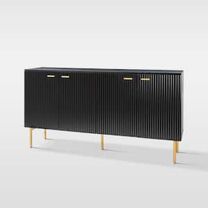 Fabian Black Wood Modern 63 in. Wide 4-Door Sideboard with Golden Metal Legs and Adjustable Shelves