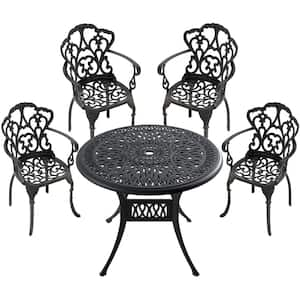 5-Piece Black Cast Aluminum Outdoor Dining Set, Patio Furniture with 35.43 in. Round Table and Random Color Cushions