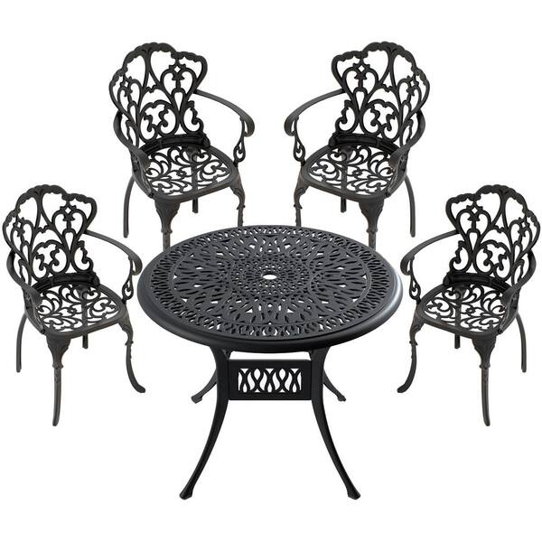 ToolCat 5-Piece Black Cast Aluminum Outdoor Dining Set, Patio Furniture with 35.43 in. Round Table and Random Color Cushions