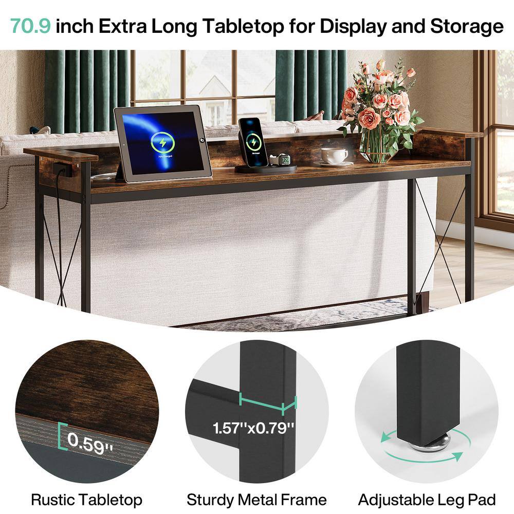 Brown Wood and Metal Console Table with Charging Ports, 70.9 inch