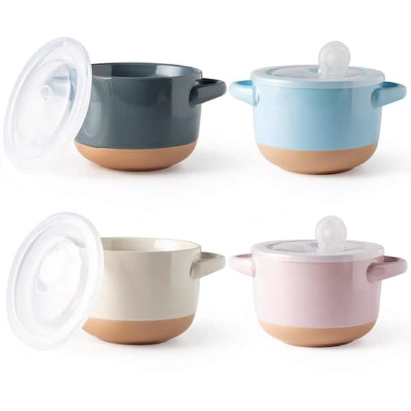 24 fl. oz. Multicolor Stoneware Soup and Cereal Bowls with Handles and Vented Lids Set of 4