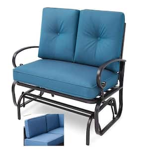 Steel Frame Outdoor Patio Rocking Loveseat with Blue Cushions