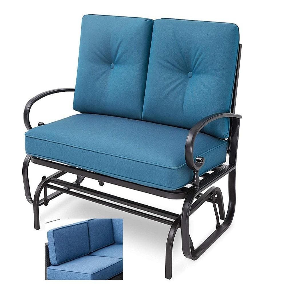 Steel Frame Outdoor Patio Rocking Loveseat with Blue Cushions