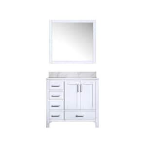 Jacques 36 in. W x 22 in. D Right Offset White Bath Vanity, Carrara Marble Top, and 34 in. Mirror