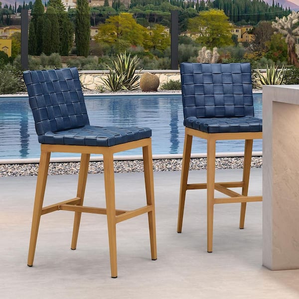 Aluminum Frame Bar Height Outdoor Bar Stools PU Leather Bar Stool for Garden/Kitchen with Navy Blue Cushion （2 pack）