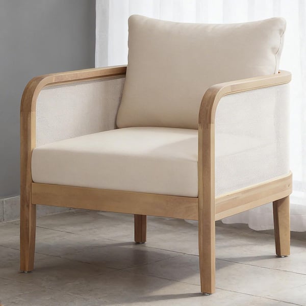 Light Brown Acacia Wood Outdoor Lounge Chair with Beige Cushions