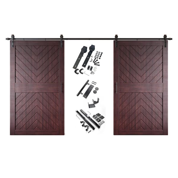 JT4 48 in. x 84 in. C-Panel Red Mahogany Fishbone Design Double Pine Wood Sliding Barn Door with Hardware Kit