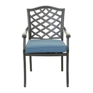 Stylish and Modern Design High-Quality Weather-Resistant Brown Aluminum Outdoor Dining Chair in Blue Cushion (2-Pack)