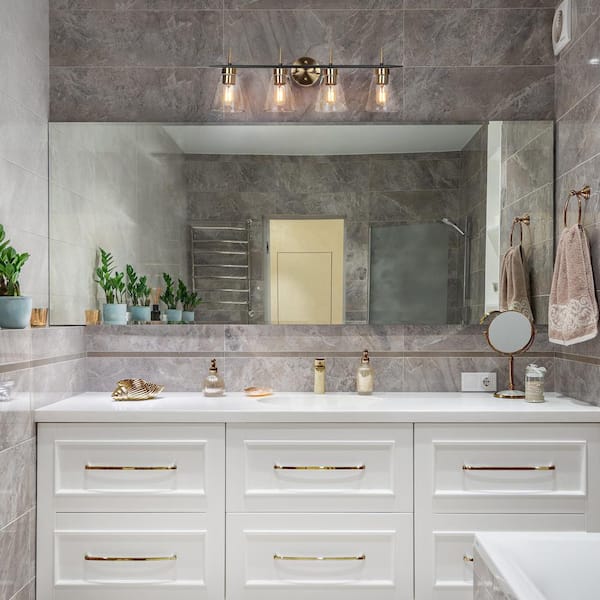 Modern Electroplated Brass and Black Bathroom Vanity Light, 29 in. Industrial Gold Light with Bell Seeded Glass Shade