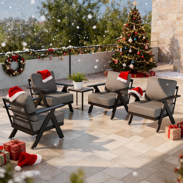 All-Weather Aluminum Garden Outdoor Patio Furniture Metal Lounge Chairs with Gray Cushions (Set of 4)