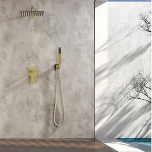 2-Spray Patterns 1.5 GMP 10 in. Wall Mounted Rainfall Shower Head Combo Dual Shower Head in Brushed Gold