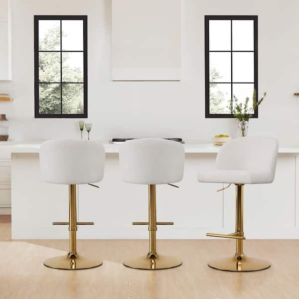 Levi Cream/Gold Gas Lift Adjustable Swivel Counter Stool with Upholstered Backrest for Kitchen or Home Bar (Set of 3)