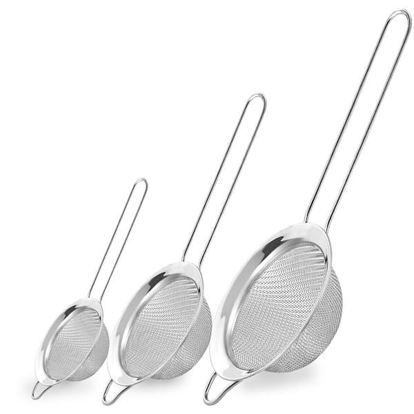 Stainless Steel Fine Mesh Strainer Set of 3, Small Medium Large with Handle, 304 Steel, for Baking and Kitchen