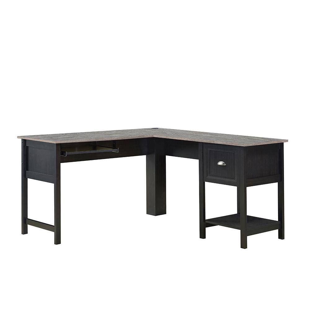 Espresso Wood Corner Desk with Keyboard Tray and Drawer