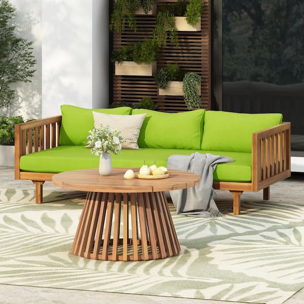 2-Piece Acacia Wood Outdoor Sectional Set with Green Cushions, Patio Conversation Set