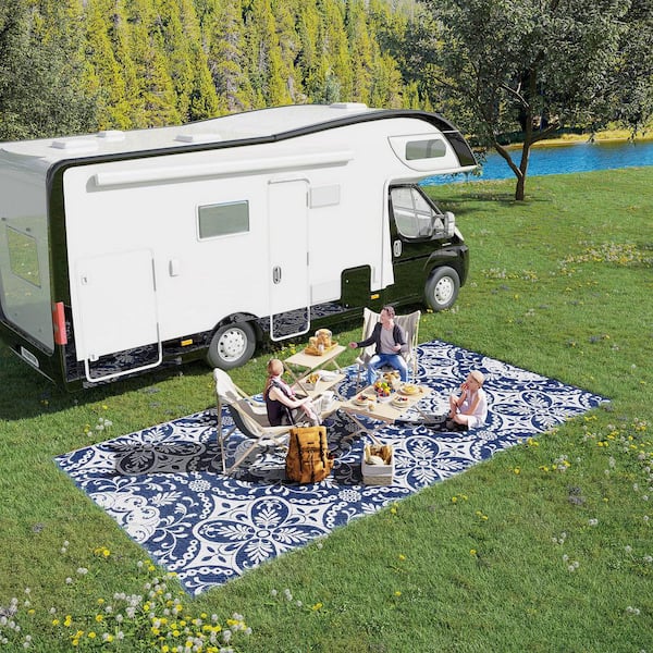 Haperlare Gray White Boho Outdoor Area Rug 6x9 Ft Waterproof Reversible Plastic Mat For Camping RV Picnic