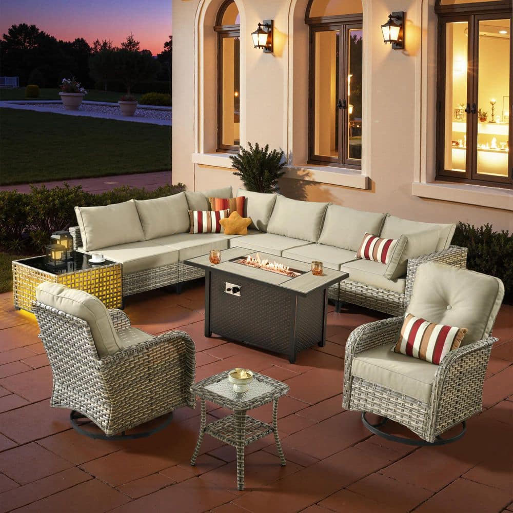 Starlight 11 Pieces Wicker Outdoor Patio Rectangular Fire Pit Set and Swivel Rocking Chairs with Beige Cushions price history on PriceWatchPro