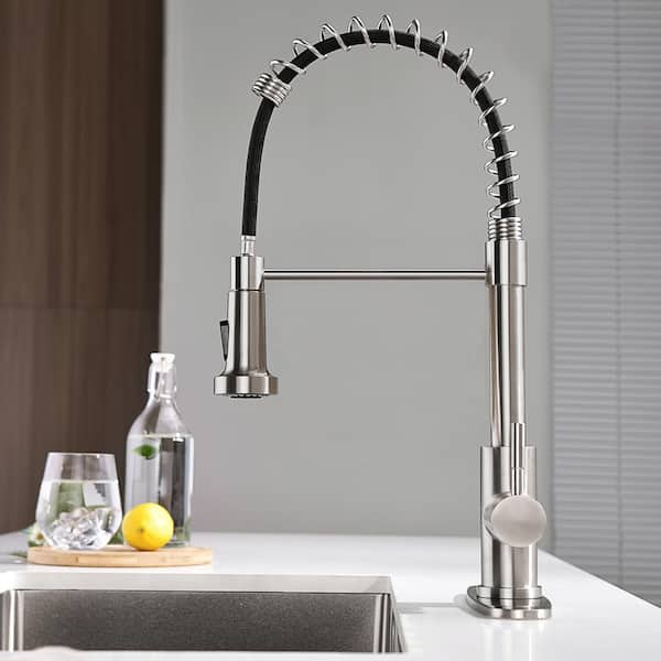 Spring Single Handle Pull Down Kitchen Faucet w/2-Advanced Sprayer,Pull Out Spray Wand in Stainless Steel Brushed Nickel