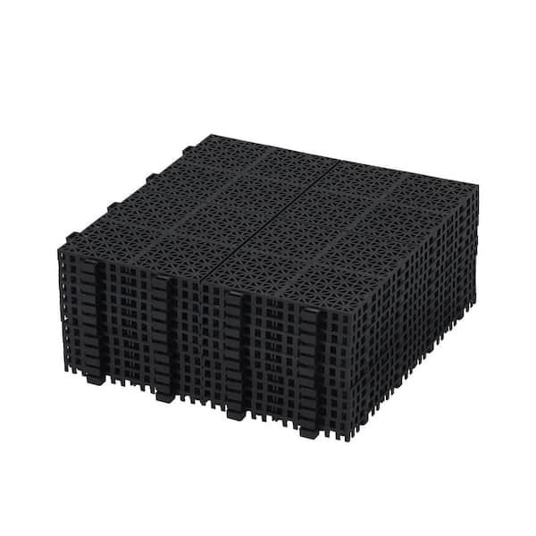 GOGEXX 12 in. x 12 in. Black Porch Rosette Pattern Interlocking Deck Tiles Plastic Flooring Waterproof Outdoor (Pack of 12)
