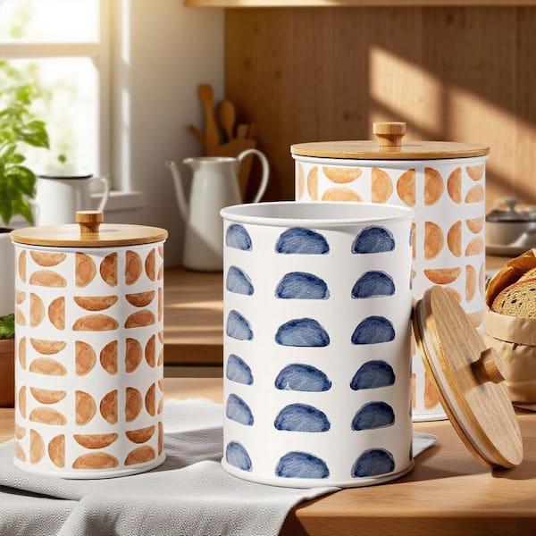 4-Piece Kitchen Iron Canisters with Airtight Bamboo Lids for Countertop, Flour Sugar Canister Coffee Jar Set