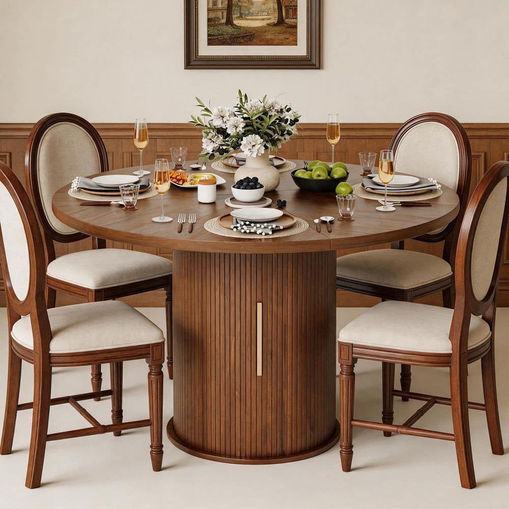 Brown Wood 47.2 in. Pedestal Base Dining Table Seats 4 with Fluted Base and Storage