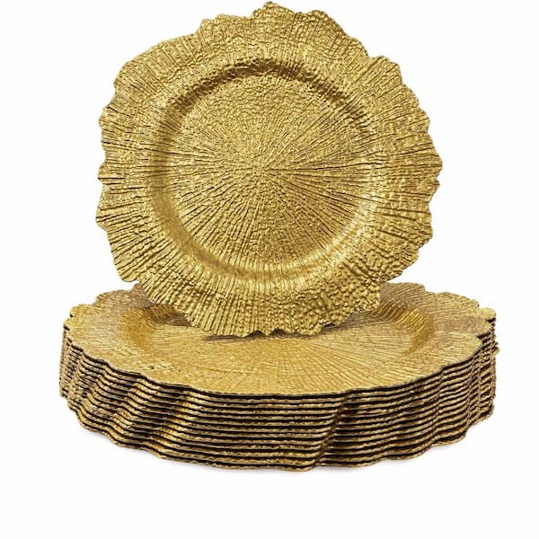 Set of 15 Round Gold Plastic Charger Plates with 13 in Diameter and Decorative Reef Edge for Special