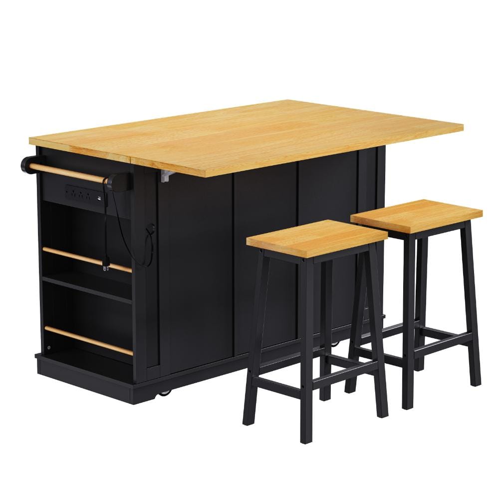 Black MDF Kitchen Cart with 2 Bar Stools,Drop Leaf,Power Outlet,Door Internal Storage Rack,Open Side Racks price history on PriceWatchPro