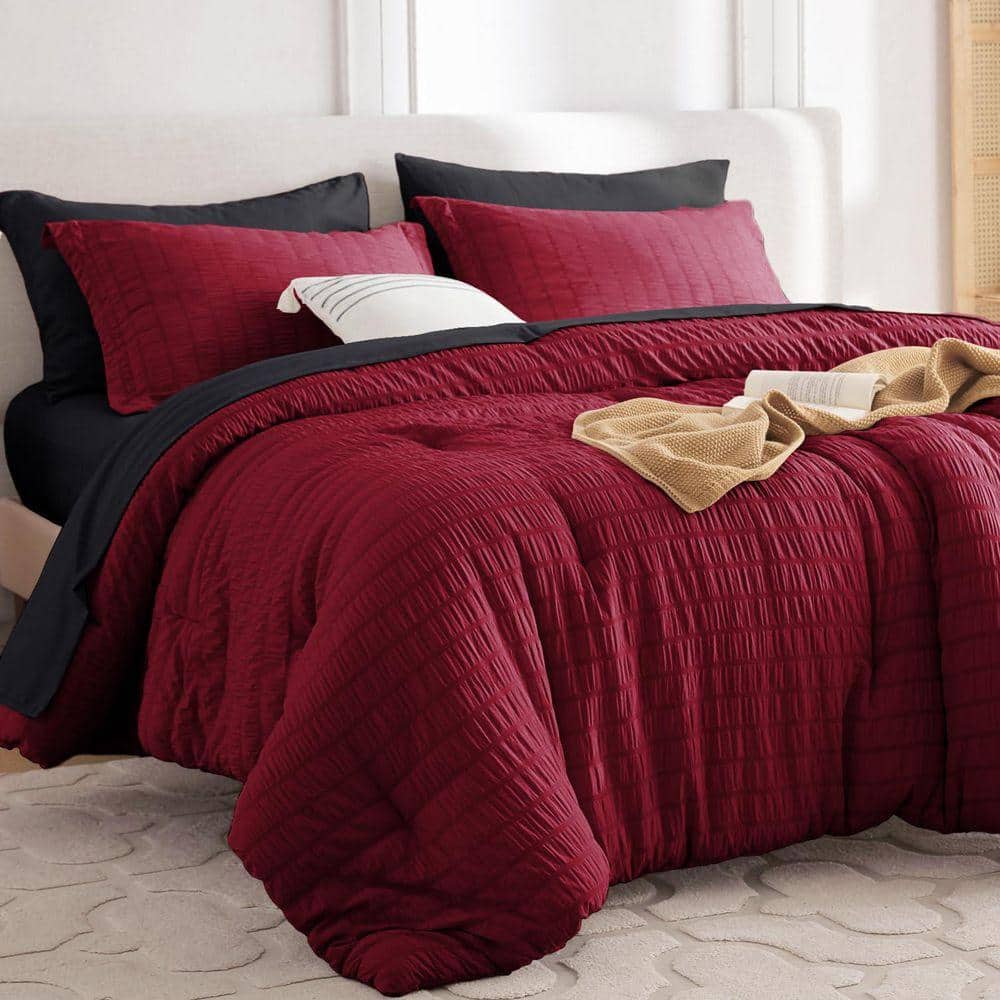 Seersucker All Seasons 7 Pieces Red/Black King Comforter Set Soft