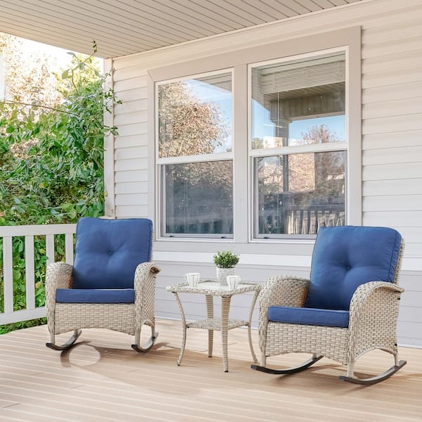 Gymojoy Carlos Grey 3-Piece Wicker Patio Conversation Set with Blue Cushions