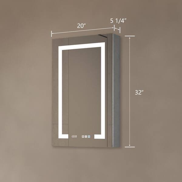 WELLFOR EX4 20-in x 32-in Lighted LED Fog Free Surface/Recessed Mount Silver Mirrored Soft Close Medicine Cabinet with Outlet