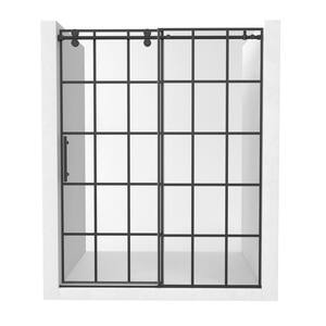 60 in. W x 76 in. H Sliding Frameless Shower Door in Matte Black with Tempering Grid Glass (Left Side Opening）