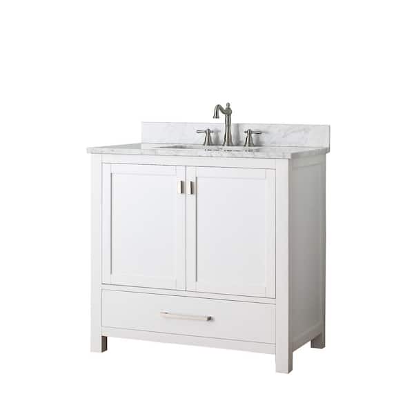 Modero 37 in. Single Sink White Bath Vanity with Carrara White Marble Top