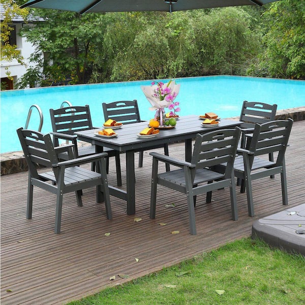 Krix Gray 7-Piece HDPE Plastic Patio Outdoor Dining Table Set with 6-Slatted Back Chairs, Waterproof