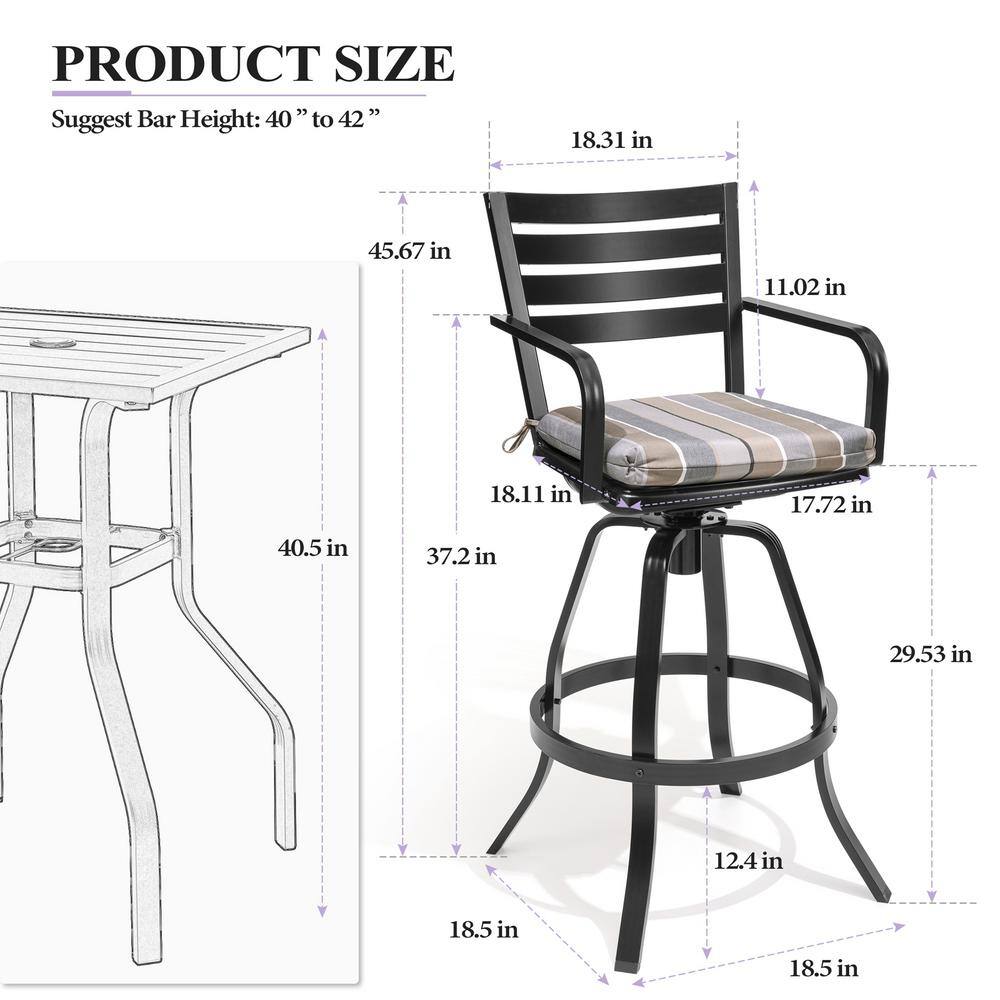 Ergonomic Black Cast Aluminum Swivel Bar Chair with Milano Char Cushion
