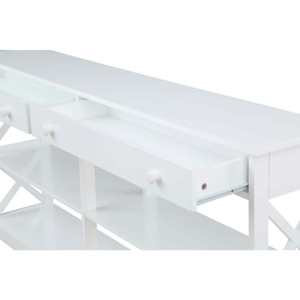Oxford White 60" Console Table with Storage Shelves and Drawers