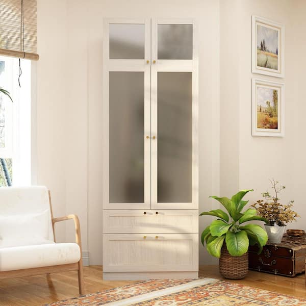 Light Oak Wood 31.5 in. Bedroom Armoire with Frosted Glass Doors and 2-Drawers