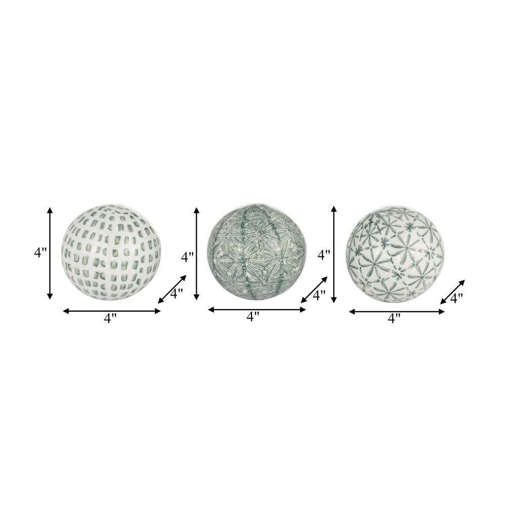 Set of 3 Green and White Ceramic Decorative Orbs