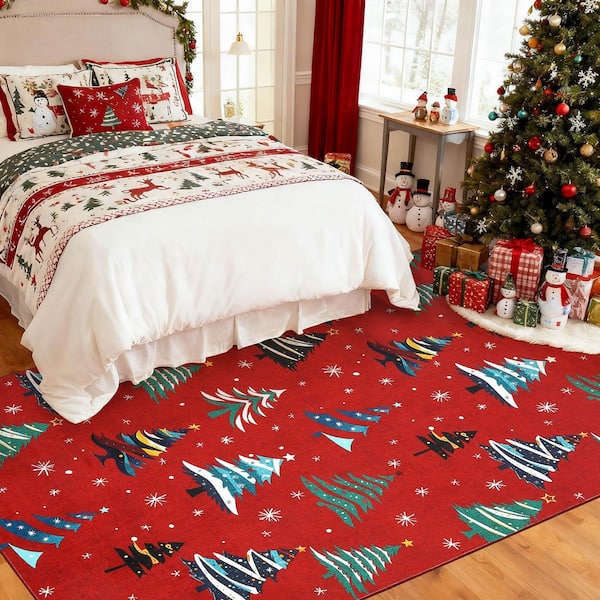 5 X 7 ft. Red Christmas Washable Area Rug, Soft Carpet with Xmas Tree, Non-Slip Backing, Foldable, for Living Room