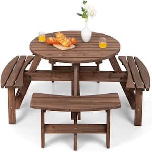 43.5 in. Width Brown Round Wood Picnic Tables Seats 8-People with Umbrella Hole