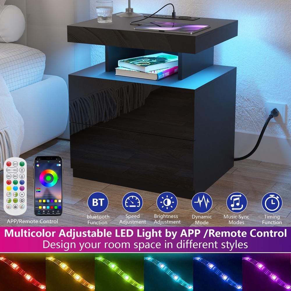 Modern Black 2-Drawer Nightstand with Wireless Charging and LED Light
