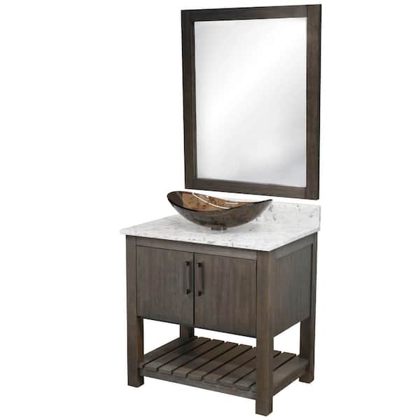 Novatto Ocean Breeze 31 in. W x 22 in. D x 31 in. H 1 Clear Tea Sink ORB Bath Vanity in Cafe with Cafe Mocha Quartz Top + Mirror