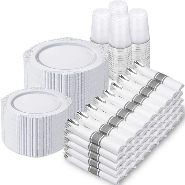 Silver Plastic Disposable Dinnerware Set for 100 Guests with Silverware Cups and Napkins (700-Piece)