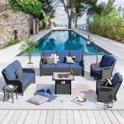 Janus Gray 6-Piece Wicker Patio Fire Pit Conversation Seating Set with Denim Blue Cushions